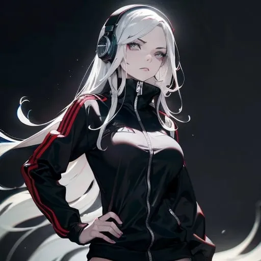 Prompt: from 8 billion peoplein the planet, approximately 20 million people think they are Lady Death from Chaos Comics, wearing a black track suit and headphones. Looking serious, no emotion, She should have an evil smile expression, looking really furious. Best quality possible, HD , 8K, Lady Death inspered