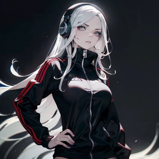 Prompt: from 8 billion peoplein the planet, approximately 20 million people think they are Lady Death from Chaos Comics, wearing a black track suit and headphones. Looking serious, no emotion, She should have an evil smile expression, looking really furious. Best quality possible, HD , 8K, Lady Death inspered