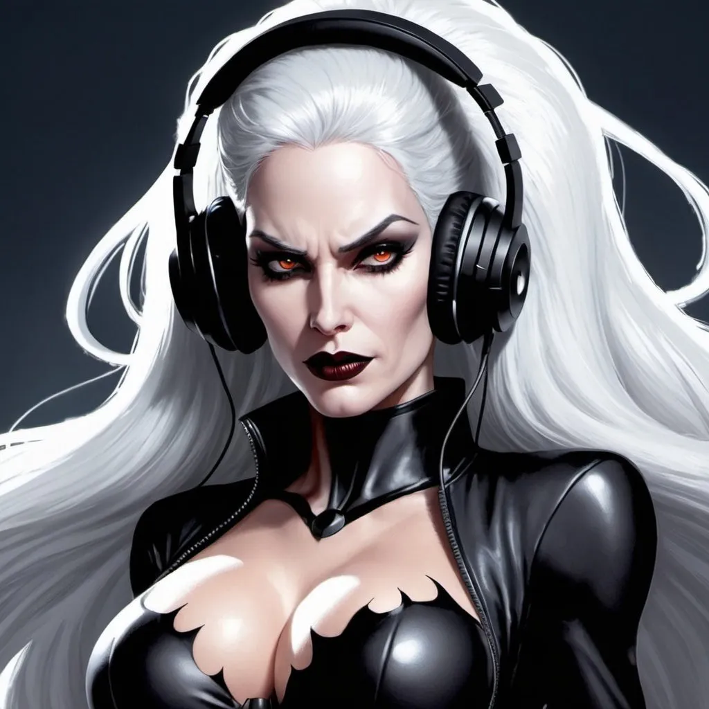 Prompt: from 8 billion peoplein the planet, approximately 20 million people think they are Lady Death from Chaos Comics, wearing a Lady Death style outfit suit and headphones. Looking serious, no emotion, She should have an evil smile expression, looking really furious. Best quality possible, HD , 8K, Lady Death inspered, full body