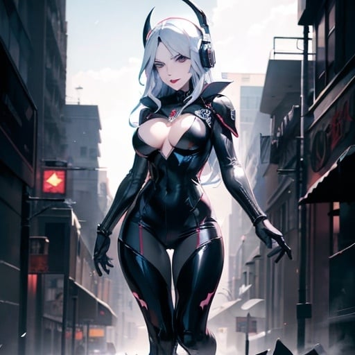 Prompt: from 8 billion peoplein the planet, approximately 20 million people think they are Lady Death from Chaos Comics, wearing a Lady Death style outfit suit and headphones. Looking serious, no emotion, She should have an evil smile expression, looking really furious. Best quality possible, HD , 8K, Lady Death inspered