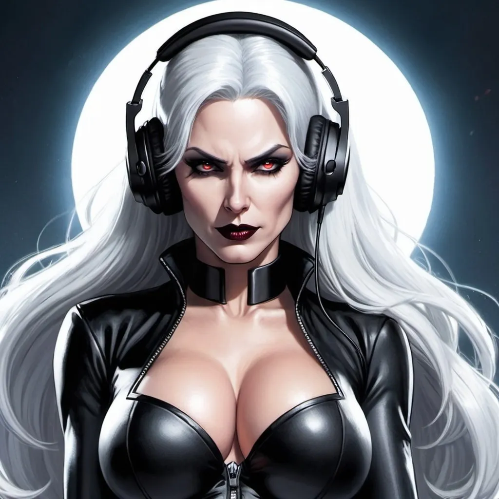 Prompt: from 8 billion peoplein the planet, approximately 20 million people think they are Lady Death from Chaos Comics, wearing a Lady Death style outfit suit and headphones. Looking serious, no emotion, She should have an evil smile expression, looking really furious. Best quality possible, HD , 8K, Lady Death inspered, full body