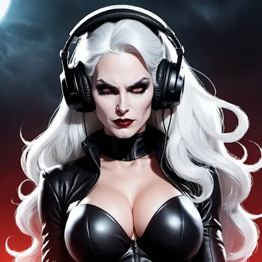 Prompt: from 8 billion peoplein the planet, approximately 20 million people think they are Lady Death from Chaos Comics, wearing a Lady Death style outfit suit and headphones. Looking serious, no emotion, She should have an evil smile expression, looking really furious. Best quality possible, HD , 8K, Lady Death inspered