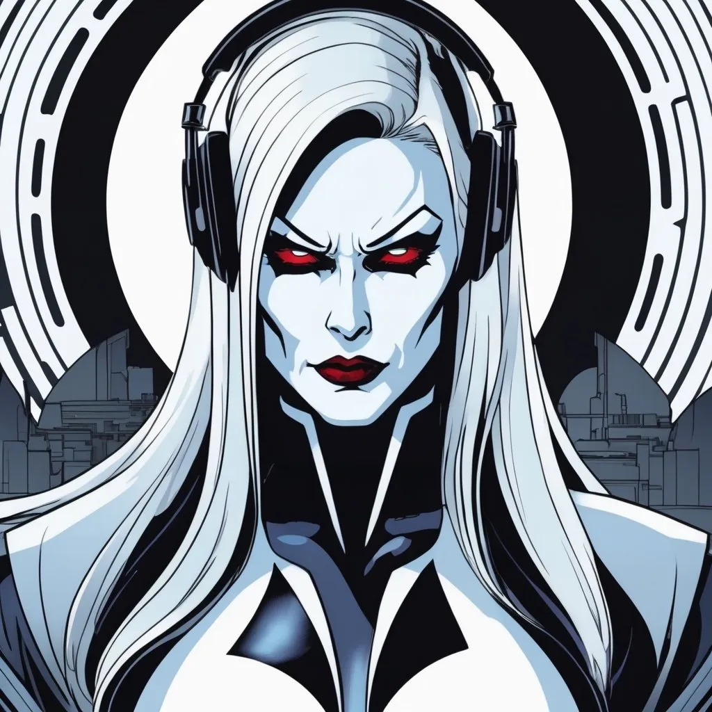 Prompt: from 8 billion peoplein the planet, approximately 20 million people think they are Lady Death from Chaos Comics, wearing a Lady Death style outfit suit and headphones. Looking serious, no emotion, She should have an evil smile expression, looking really furious. Best quality possible, HD , 8K, Lady Death inspered