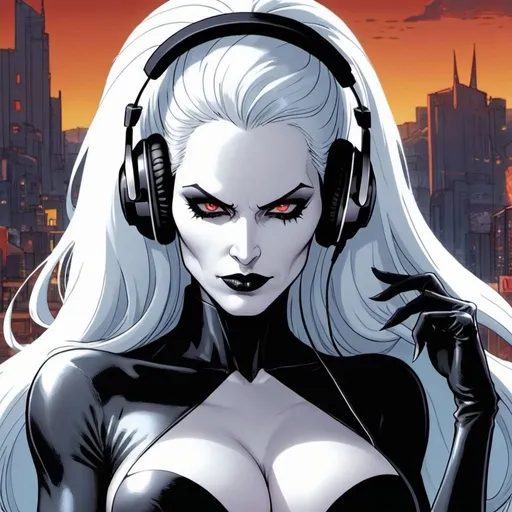 Prompt: from 8 billion peoplein the planet, approximately 20 million people think they are Lady Death from Chaos Comics, wearing a Lady Death style outfit suit and headphones. Looking serious, no emotion, She should have an evil smile expression, looking really furious. Best quality possible, HD , 8K, Lady Death inspered, full body