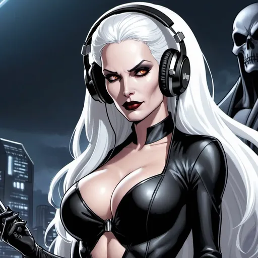 Prompt: from 8 billion peoplein the planet, approximately 20 million people think they are Lady Death from Chaos Comics, wearing a Lady Death style outfit suit and headphones. Looking serious, no emotion, She should have an evil smile expression, looking really furious. Best quality possible, HD , 8K, Lady Death inspered, full body