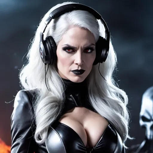 Prompt: from 8 billion peoplein the planet, approximately 20 million people think they are Lady Death from Chaos Comics, wearing a Lady Death style outfit suit and headphones. Looking serious, no emotion, She should have an evil smile expression, looking really furious. Best quality possible, HD , 8K, Lady Death inspered