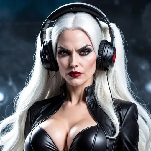Prompt: from 8 billion peoplein the planet, approximately 20 million people think they are Lady Death from Chaos Comics, wearing a Lady Death style outfit suit and headphones. Looking serious, no emotion, She should have an evil smile expression, looking really furious. Best quality possible, HD , 8K, Lady Death inspered, full body