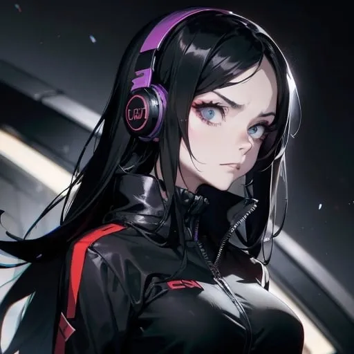 Prompt: from 8 billion peoplein the planet, approximately 20 million people think they are Lady Death from Chaos Comics, wearing a black track suit and headphones. Looking serious, no emotion, She should have an evil smile expression, looking really furious. Best quality possible, HD , 8K