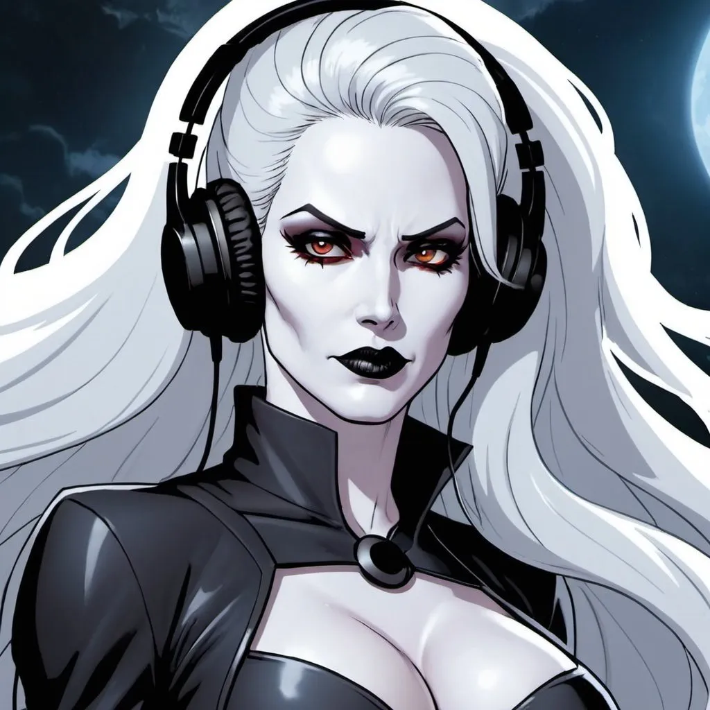 Prompt: from 8 billion peoplein the planet, approximately 20 million people think they are Lady Death from Chaos Comics, wearing a Lady Death style outfit suit and headphones. Looking serious, no emotion, She should have an evil smile expression, looking really furious. Best quality possible, HD , 8K, Lady Death inspered