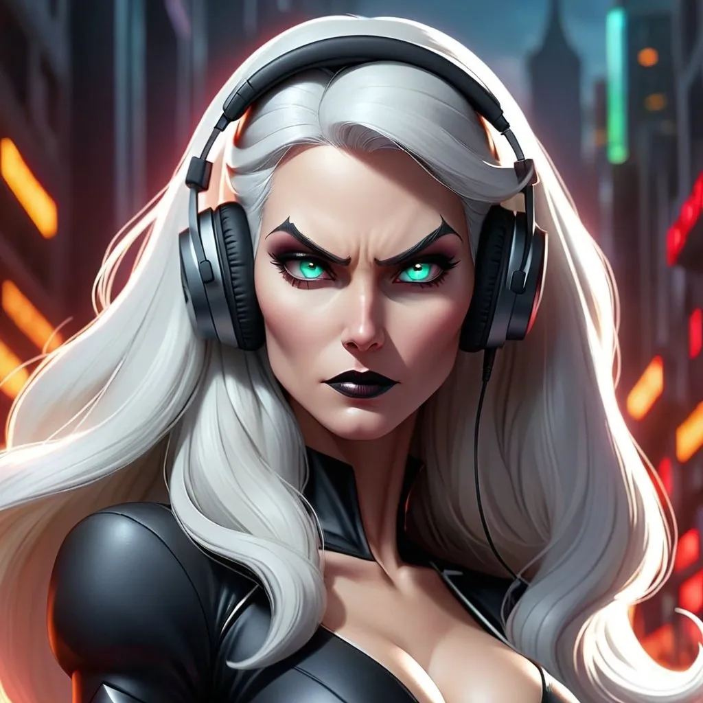 Prompt: from 8 billion peoplein the planet, approximately 20 million people think they are Lady Death from Chaos Comics, wearing a Lady Death style outfit suit and headphones. Looking serious, no emotion, She should have an evil smile expression, looking really furious. Best quality possible, HD , 8K, Lady Death inspered