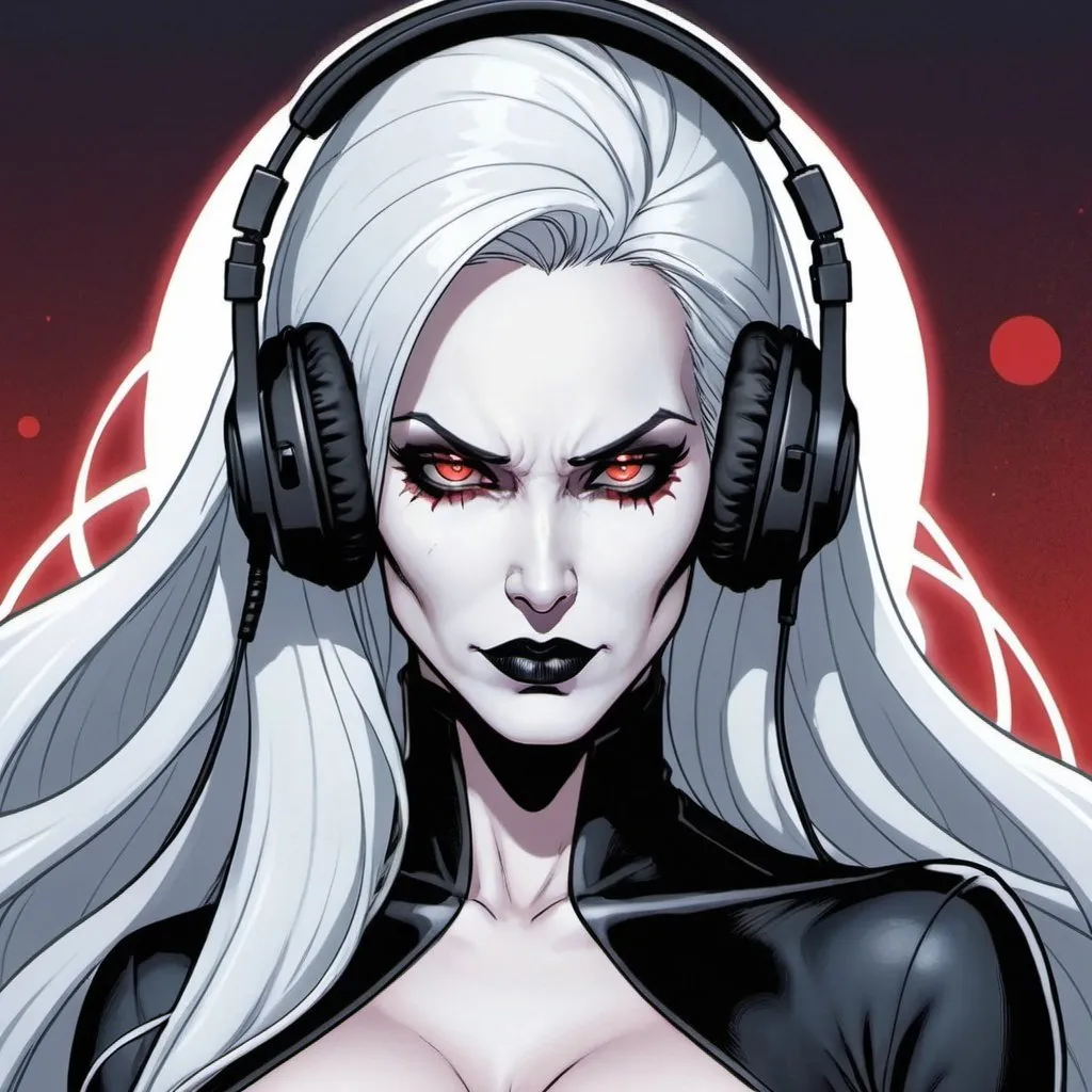 Prompt: from 8 billion peoplein the planet, approximately 20 million people think they are Lady Death from Chaos Comics, wearing a Lady Death style outfit suit and headphones. Looking serious, no emotion, She should have an evil smile expression, looking really furious. Best quality possible, HD , 8K, Lady Death inspered