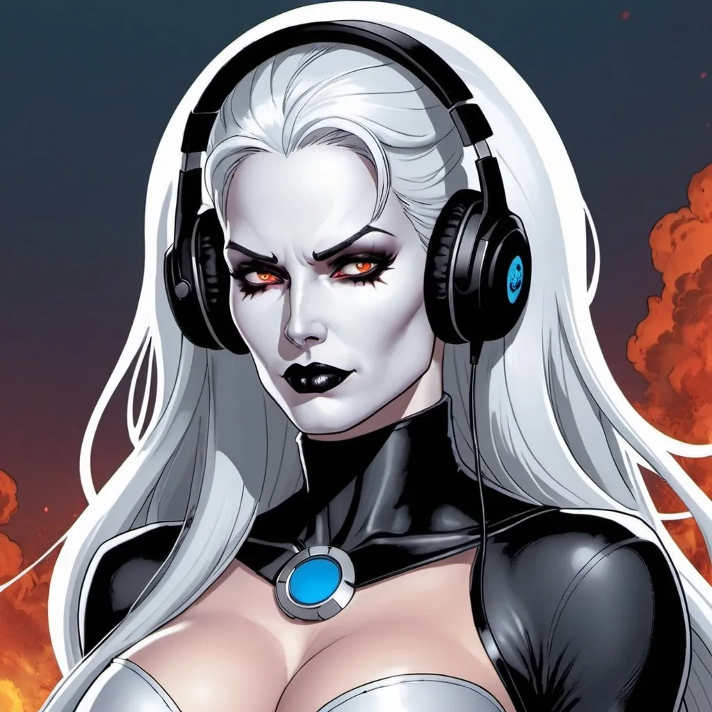 Prompt: from 8 billion peoplein the planet, approximately 20 million people think they are Lady Death from Chaos Comics, wearing a Lady Death style outfit suit and headphones. Looking serious, no emotion, She should have an evil smile expression, looking really furious. Best quality possible, HD , 8K, Lady Death inspered, full body