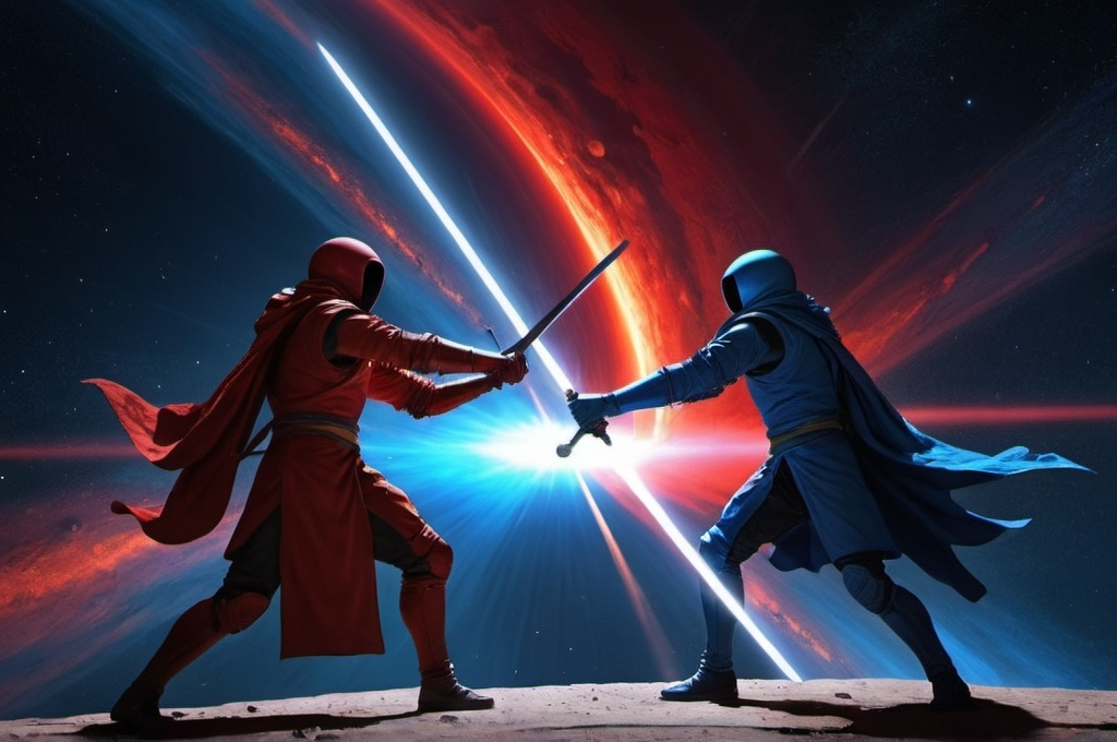 Prompt: I want a picture in interplanetary space of two great men fighting with two swords, the first red and the second blue, with a black hole behind them.