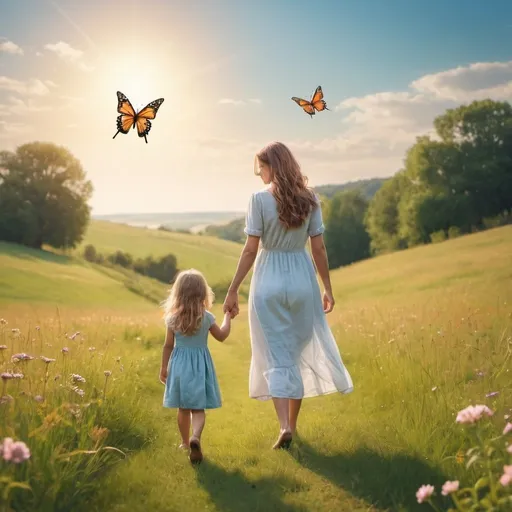 Prompt: A mother and a daughter hand in hand in a beautiful pasture and a butterfly flying in the sky over the distance 