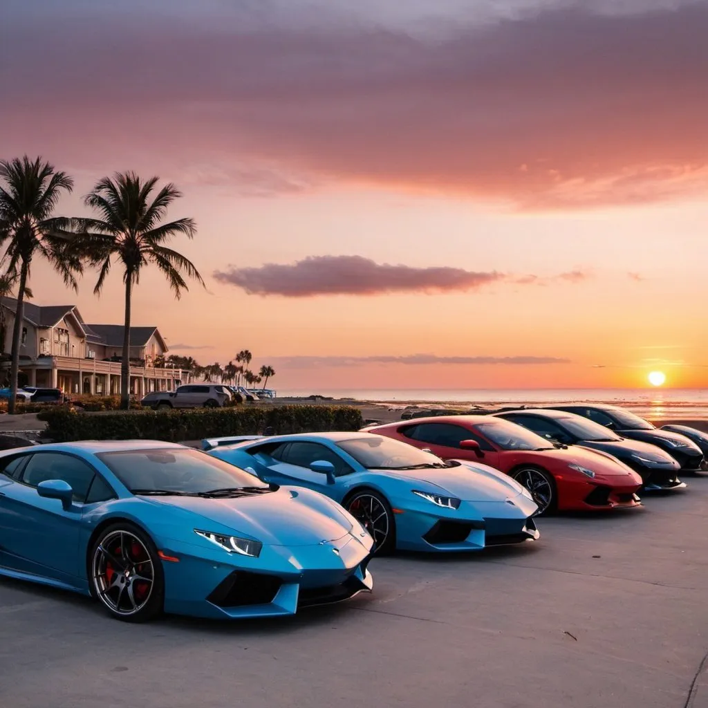 Prompt: Cool cars sitting in a parking lot just in front of a beach with a stunning sunset