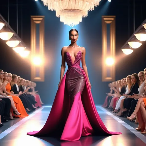 Prompt: Elegant women, sophisticated fashion show runway scene, high-fashion couture designs, dramatic stage lighting, vibrant colors, exquisite details, models in graceful poses, luxurious fabrics highlighted, audience in awe, dynamic composition, 4K resolution, ultra-detailed, expansive background capturing the glamour.