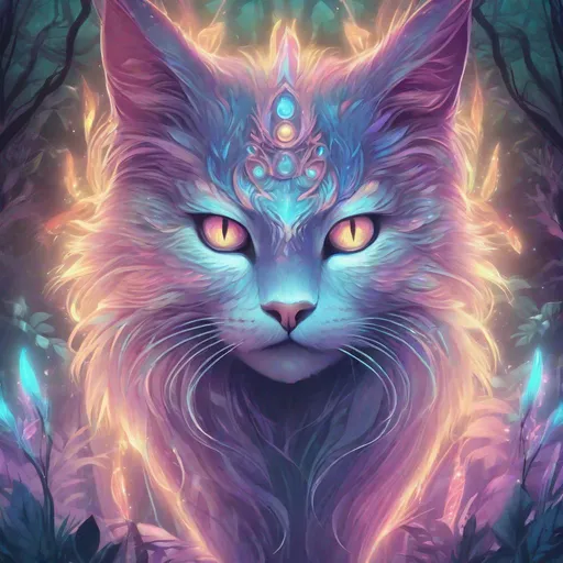 Prompt: High-quality digital illustration of a mystical forest guardian cat, luminescent fur with ethereal glow, piercing and intelligent eyes, magical aura, vibrant and otherworldly color palette, mystical, fantasy, detailed fur with glowing accents, majestic and powerful stance, enchanting atmosphere, vibrant lighting, highres, ultra-detailed, digital art, mystical, fantasy, ethereal tones, forest guardian, vibrant colors, majestic aura, magical lighting