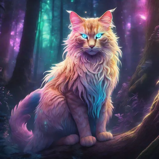 Prompt: High-quality digital illustration of a mystical forest guardian cat, luminescent fur with ethereal glow, piercing and intelligent eyes, magical aura, vibrant and otherworldly color palette, mystical, fantasy, detailed fur with glowing accents, majestic and powerful stance, enchanting atmosphere, vibrant lighting, highres, ultra-detailed, digital art, mystical, fantasy, ethereal tones, forest guardian, vibrant colors, majestic aura, magical lighting