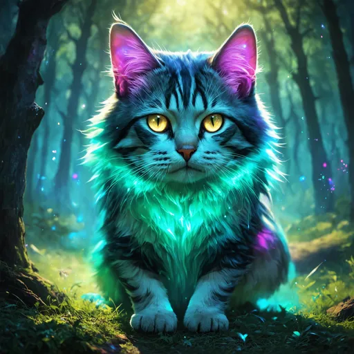 Prompt: High-quality digital illustration of a mystical forest guardian cat, luminescent fur with ethereal glow, piercing and intelligent eyes, magical aura, vibrant and otherworldly color palette, mystical, fantasy, detailed fur with glowing accents, majestic and powerful stance, enchanting atmosphere, vibrant lighting, highres, ultra-detailed, digital art, mystical, fantasy, ethereal tones, forest guardian, vibrant colors, majestic aura, magical lighting