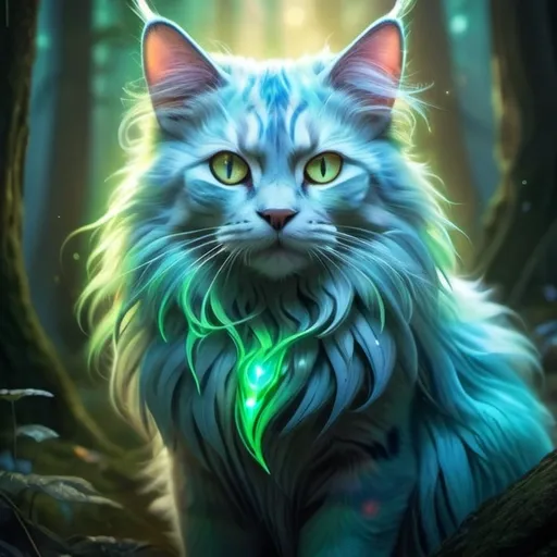 Prompt: High-quality digital illustration of a mystical forest guardian cat, luminescent fur with ethereal glow, piercing and intelligent eyes, magical aura, vibrant and otherworldly color palette, mystical, fantasy, detailed fur with glowing accents, majestic and powerful stance, enchanting atmosphere, vibrant lighting, highres, ultra-detailed, digital art, mystical, fantasy, ethereal tones, forest guardian, vibrant colors, majestic aura, magical lighting