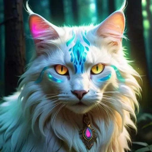 Prompt: High-quality digital illustration of a mystical forest guardian cat, luminescent fur with ethereal glow, piercing and intelligent eyes, magical aura, vibrant and otherworldly color palette, mystical, fantasy, detailed fur with glowing accents, majestic and powerful stance, enchanting atmosphere, vibrant lighting, highres, ultra-detailed, digital art, mystical, fantasy, ethereal tones, forest guardian, vibrant colors, majestic aura, magical lighting