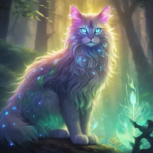 Prompt: High-quality digital illustration of a mystical forest guardian cat, luminescent fur with ethereal glow, piercing and intelligent eyes, magical aura, vibrant and otherworldly color palette, mystical, fantasy, detailed fur with glowing accents, majestic and powerful stance, enchanting atmosphere, vibrant lighting, highres, ultra-detailed, digital art, mystical, fantasy, ethereal tones, forest guardian, vibrant colors, majestic aura, magical lighting