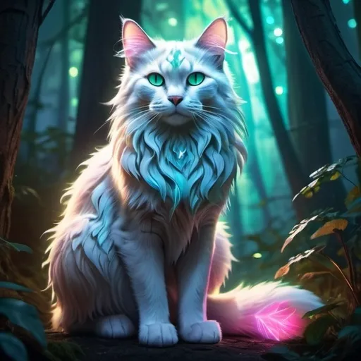 Prompt: High-quality digital illustration of a mystical forest guardian cat, luminescent fur with ethereal glow, piercing and intelligent eyes, magical aura, vibrant and otherworldly color palette, mystical, fantasy, detailed fur with glowing accents, majestic and powerful stance, enchanting atmosphere, vibrant lighting, highres, ultra-detailed, digital art, mystical, fantasy, ethereal tones, forest guardian, vibrant colors, majestic aura, magical lighting