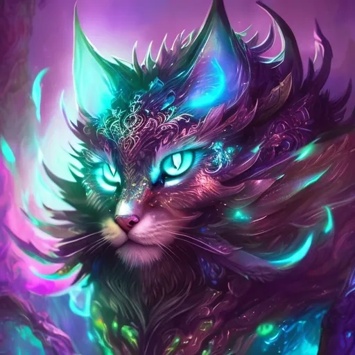 Prompt: High-quality digital illustration of a mystical forest guardian cat, luminescent fur with ethereal glow, piercing and intelligent eyes, magical aura, vibrant and otherworldly color palette, mystical, fantasy, detailed fur with glowing accents, majestic and powerful stance, enchanting atmosphere, vibrant lighting, highres, ultra-detailed, digital art, mystical, fantasy, ethereal tones, forest guardian, vibrant colors, majestic aura, magical lighting