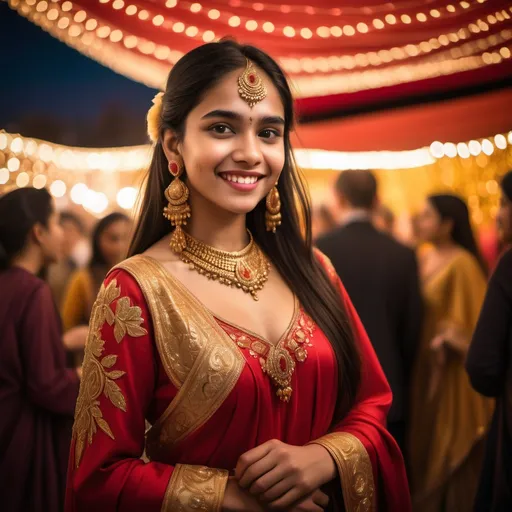 Prompt: Draped in a beautiful red and gold embellished outfit, a young woman stands confidently in a vibrant festive setting, illuminated by bright lights amidst a night backdrop. Her long, dark hair cascades down her shoulders, and she wears intricate earrings that catch the light as she smiles gently, exuding a warm, inviting presence. The scene is alive with fellow attendees dressed in traditional attire, engaging in various festivities, while colorful balloons hang overhead, adding to the celebratory atmosphere. The ground is covered with green carpet, accentuating the lively and joyful mood that fills the air, making it evident that this gathering revolves around a significant celebration or event.