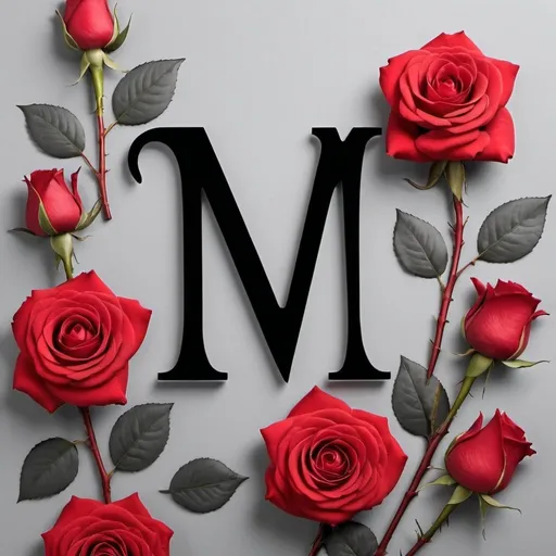 Prompt: create a red rose, put gray background and Letter "M" one side of rose 