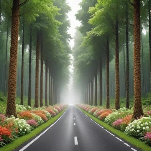 Prompt: create a forest with long trees and a road at middle of forest, in road side floral design