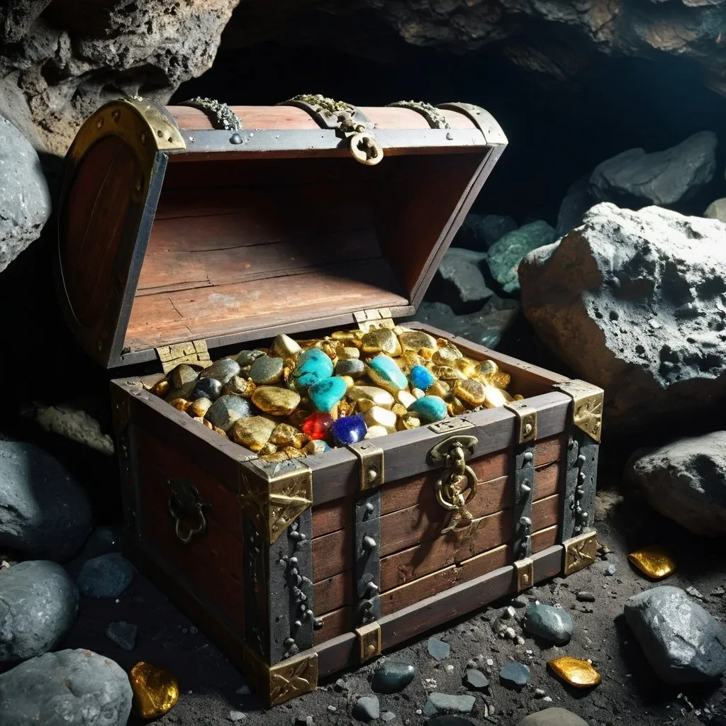 Prompt: An old pirate chest full of gold and valuble Stones open in a cave