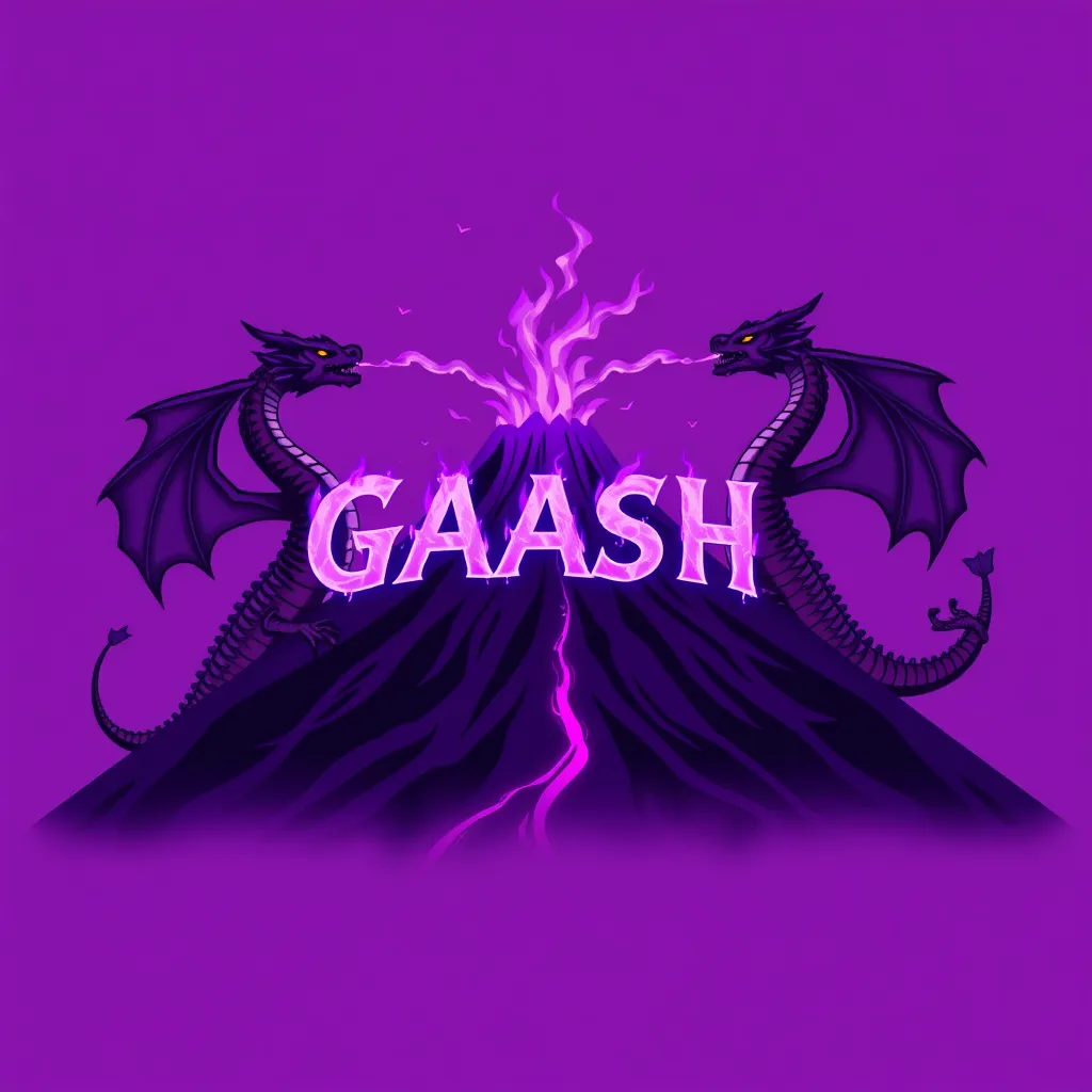 Prompt: A purple-toned volcano in the center and two dragons that roll on the mountain from two different sides so that part of their body is hidden behind the mountain, the head of the dragons in profile towards us and they spit purple fire that creates the word "GAASH", that is, the fire that comes out of their mouth is the word "GAASH"
