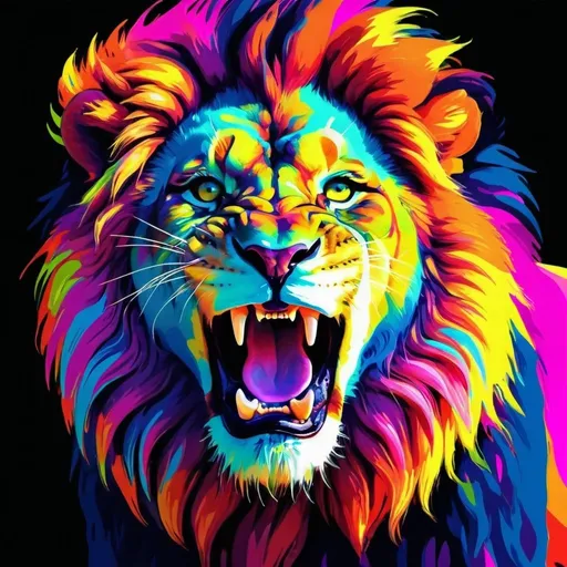 Prompt: Digital Artwork Lion Roar psychedelic colors, bright neon lights, high quality, digital art, playful, vibrant color palette, energetic lighting