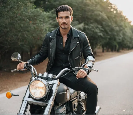 Prompt: A handsome man sitting on a motorcycle