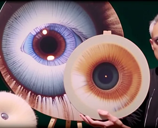 Prompt: a person holding a large object with two large objects in front of it and a large object in the background, Évariste Vital Luminais, video art, rounded eyes, an airbrush painting