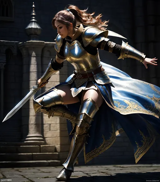 Prompt: Warrior blade dancer practicing form, outside castle, medieval fantasy, dynamic action pose, realistic oil painting, detailed armor and weapons, immersive background, highres, medieval fantasy, realistic, dynamic pose, detailed armor, immersive setting, professional lighting