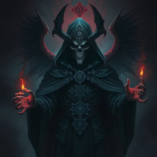 Prompt: Dark necromancer summoner, morbid creation, highres, detailed, gothic style, eerie atmosphere, menacing shadows, arcane symbols, mystical fog, sinister color palette, haunting lighting, necromancy, occult, detailed facial features, intricate robe design, deathly aura, supernatural, supernatural being, dark fantasy, ominous presence