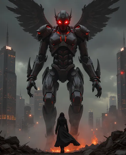 Prompt: In a dystopian cityscape shrouded in mist, a towering, menacing robotic figure looms over the scene, its glowing red eyes piercing through the gloom. The atmosphere is charged with a blend of menace and intrigue, highlighted by the intricate details of its metallic frame, adorned with pulsating lights. In the foreground, a solitary figure clad in a sleek, dark outfit strides forward, exuding both defiance and determination as they navigate the debris-strewn streets. Surrounding skyscrapers claw at the overcast sky, their surfaces reflecting a spectrum of neon hues, adding to the futuristic ambiance. The narrative unfolds in a world where technology reigns supreme, capturing a sense of both fear and empowerment as the lone figure approaches the colossal sentinel.