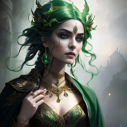 Prompt: Epic fantasy character portrait of a gorgeous woman, green hair, dark makeup, ornate gown, golden time-worn jewelry, regal crown, flowing green cape, air of royalty, Charlie Bowater style, eldritch, sinister, fantasy art, detailed eyes, atmospheric lighting, highres, ornate design, dark fantasy, professional, enchanting beauty, mysterious aura