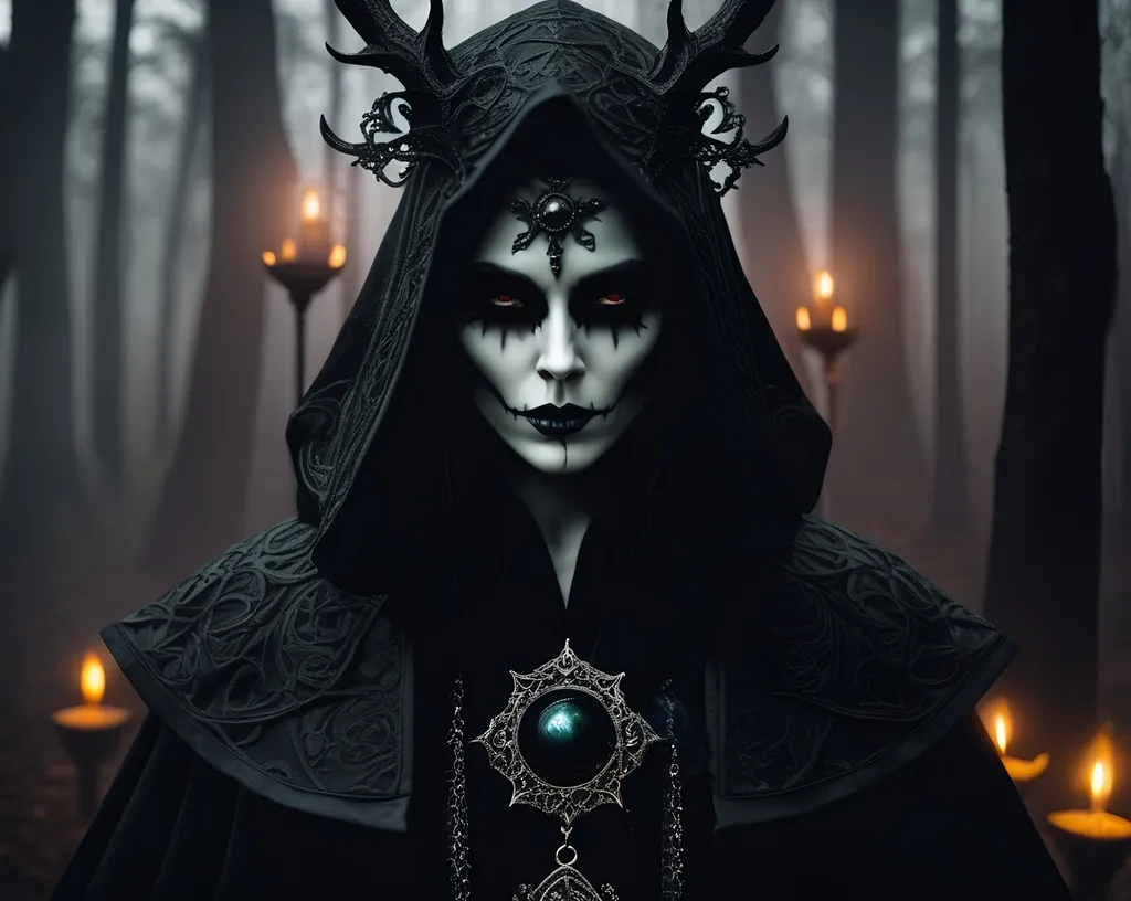 Prompt: Dark necromancer summoner, morbid creation, highres, detailed, gothic style, eerie atmosphere, menacing shadows, arcane symbols, mystical fog, sinister color palette, haunting lighting, necromancy, occult, detailed facial features, intricate robe design, deathly aura, supernatural, supernatural being, dark fantasy, ominous presence