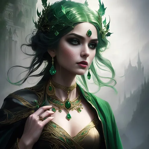 Prompt: Epic fantasy character portrait of a gorgeous woman, green hair, dark makeup, ornate gown, golden time-worn jewelry, regal crown, flowing green cape, air of royalty, Charlie Bowater style, eldritch, sinister, fantasy art, detailed eyes, atmospheric lighting, highres, ornate design, dark fantasy, professional, enchanting beauty, mysterious aura