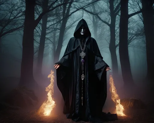 Prompt: Dark necromancer summoner, morbid creation, highres, detailed, gothic style, eerie atmosphere, menacing shadows, arcane symbols, mystical fog, sinister color palette, haunting lighting, necromancy, occult, detailed facial features, intricate robe design, deathly aura, supernatural, supernatural being, dark fantasy, ominous presence