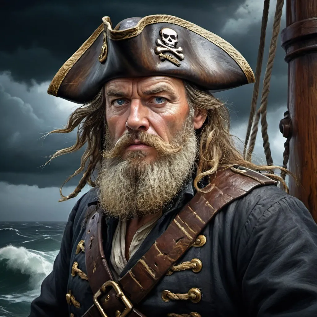 Prompt: Captain Brown Log, digital painting, old-fashioned pirate ship, stormy sea, dramatic lighting, detailed captain's appearance, rugged beard, weathered clothing, intense expression, high quality, realistic, dramatic lighting, dark tones, stormy atmosphere