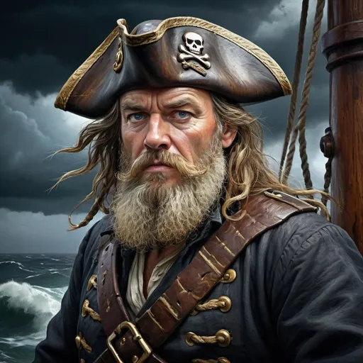 Prompt: Captain Brown Log, digital painting, old-fashioned pirate ship, stormy sea, dramatic lighting, detailed captain's appearance, rugged beard, weathered clothing, intense expression, high quality, realistic, dramatic lighting, dark tones, stormy atmosphere