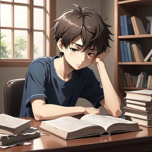 Prompt: A boy(anime) sitting on the study table and book tired