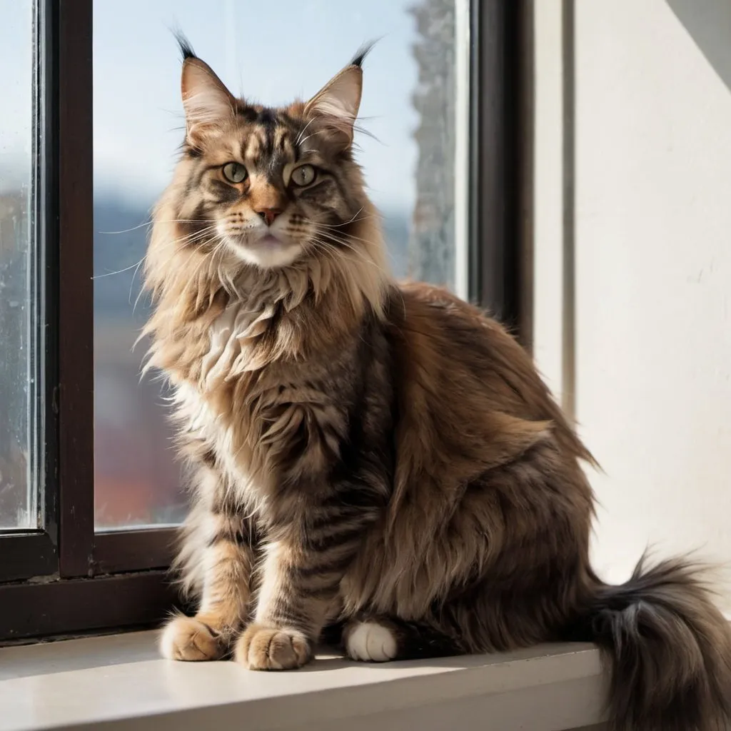 Prompt: Mainecoon cat sitting on a windowsill