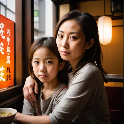 Prompt: Portrait of a Japanese woman with her 10 year old daughter, side lit next to a window in a ramen restaurant in tokyo