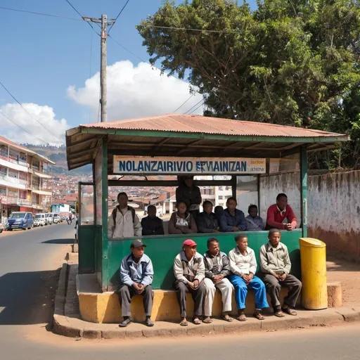 Prompt: Malagasy people waiting at a bus stop in Antananarivo