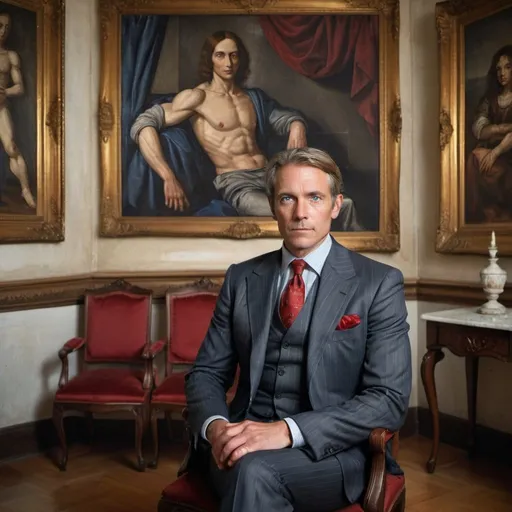 Prompt: Sitting polaroid portrait of a middle aged blue eyed man wearing a dark gray pin-striped suit and red tie, legs crossed in a stately room with Renaissance paintings on the walls, 